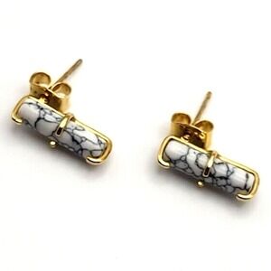 Dainty Small Natural Howlite Cylinders in Goldtone Post Stud Earrings